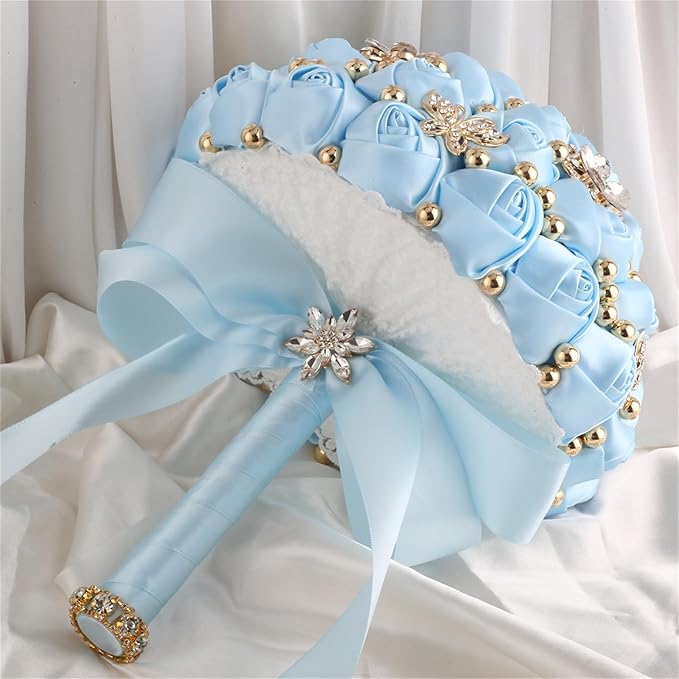Bridal Wedding Bouquet for Bride Bridesmaid Wedding Quinceanera Throw Toss Artificial Rose Flower Bunch with Bling Brooch (66#Light Blue, Mini (Dia. 6.3"/16cm))