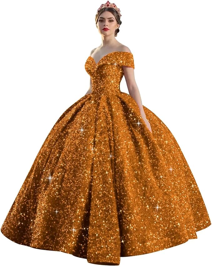 Quinceanera Dress Long Ball Gown Sparkly Sequin Off Shoulder V Neck Prom Dresses