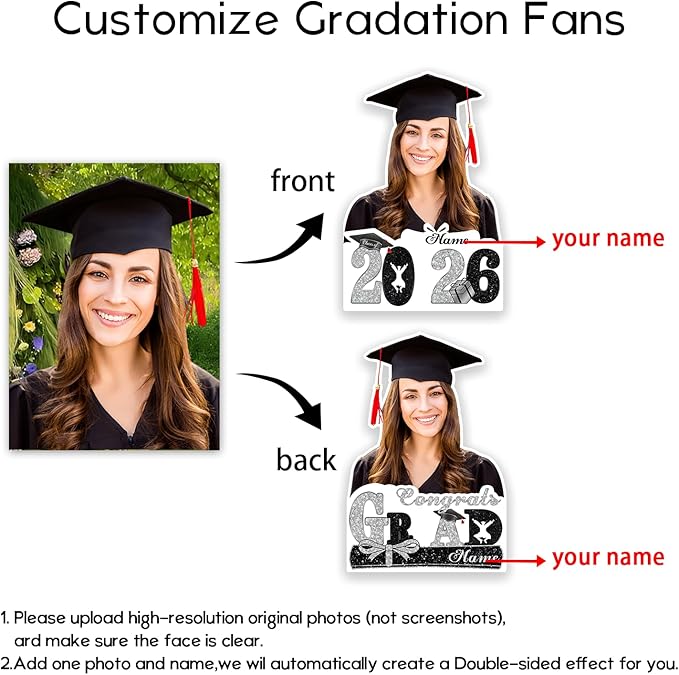 Personalized Graduation Face Fan 2026 Grade Custom Double Sided Face Cutout Fan with Handle Photo Booth Prop Party Supplies(B-Black and Silver,12pcs)