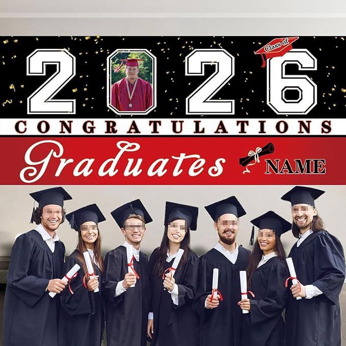 Custom Graduation Garage Door Banner Decoration 7x16ft with Photo Congrats Garage Door Cover 2026 Party Photo Booth Backdrop Party Supplies(Red)