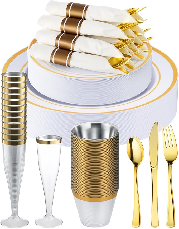 Goodluck 320PCS Gold Disposable Plastic Dinnerware Set for 40 Guests, Include 40 Dinner Plates, 40 Dessert Plates, 40 Napkins with Silverware, 40 Cups, 40 Champagne Glasses, for Christmas, Wedding