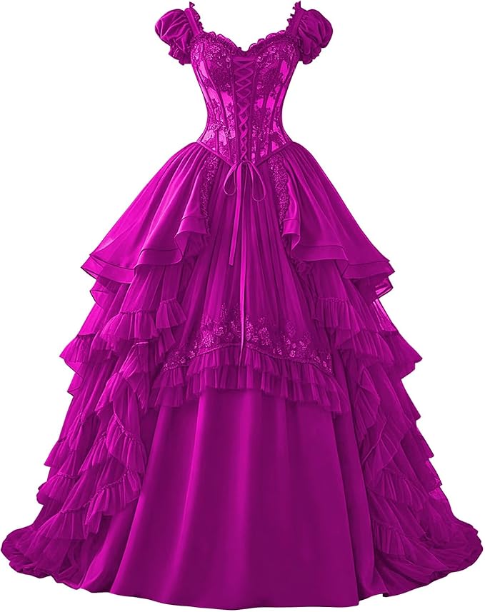 Ftupza Gothic Wedding Dresses Lace Appliques 1800s Victorian Dresses for Women Layered Tulle Prom Dress Long Ball Gown