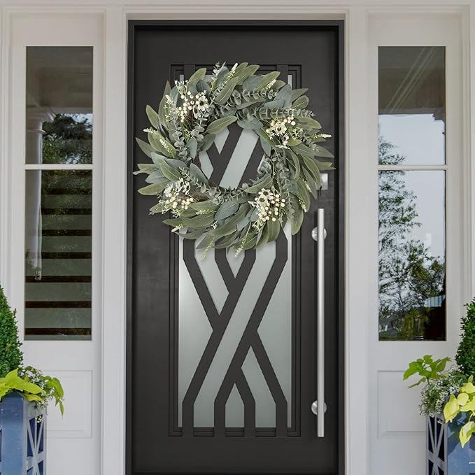26 Inches Large Eucalyptus Spring Wreaths for Front Door,Artificial Greenery Summer Wreath with Berries White Flower Daisy,Easter Valentines Farmhouse Porch Wall Home Indoor Outdoor Décor