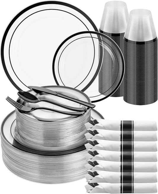 Goodluck 350 Piece Black Plastic Plates, Clear Plastic Silverware Disposable Plates Set, Include 100Plates, 50Pack Pre Rolled Napkins with Silverware, 50Cups for Party, Wedding, Graduation