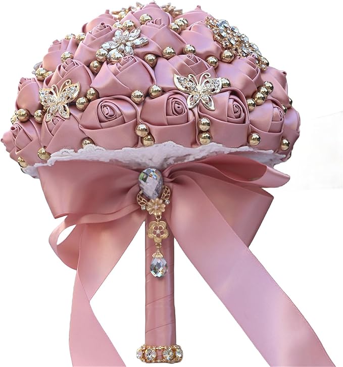 Bridal Wedding Bouquet for Bride Bridesmaid Wedding Quinceanera Throw Toss Artificial Rose Flower Bunch with Bling Brooch (07G#Dark Pink, Large (Dia. 9.8"/24cm))