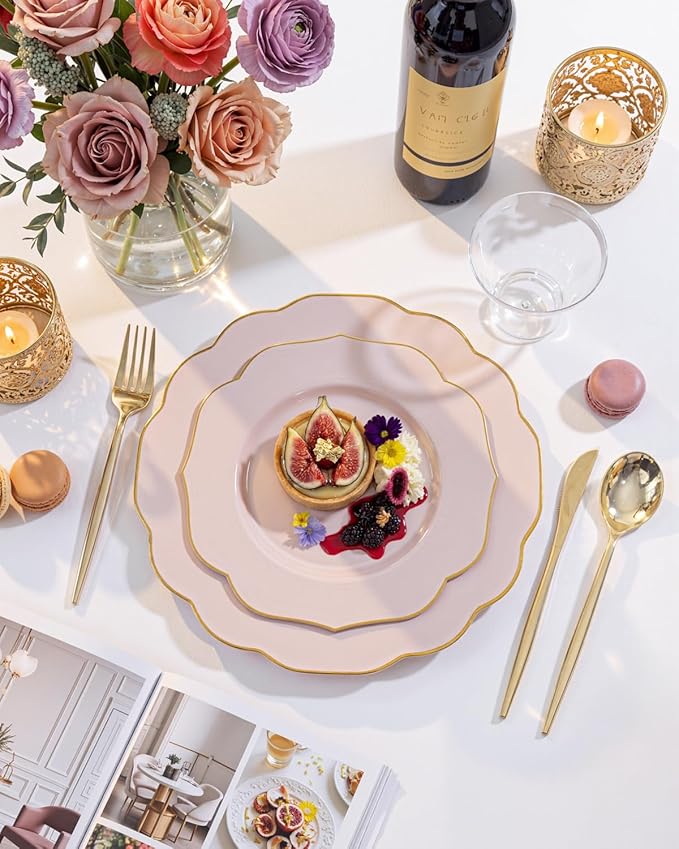 bUCLA 180PCS Pink Plastic Plates - Pink with Gold Rim Disposable for Party Include 30 Each (Dinner & Dessert) Plates, 30 Knives, 30 Forks, 30 Spoons, 30 Cups for Wedding, Birthday & Shower