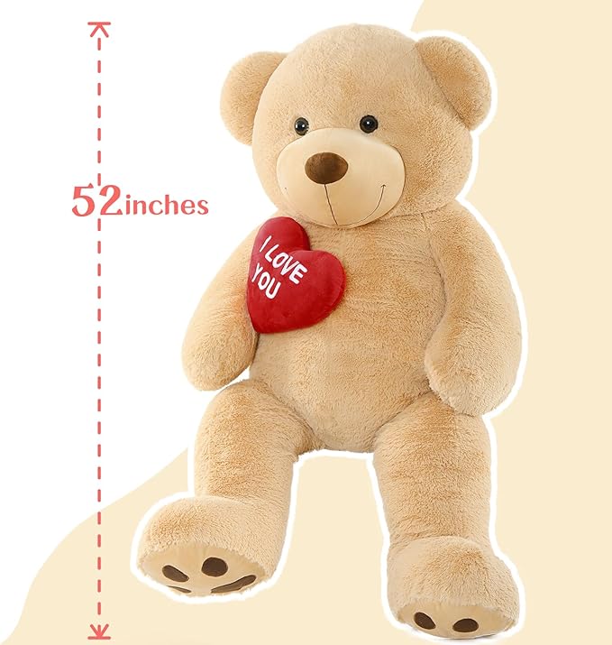 Giant Teddy Bear 52", Big Stuffed Animal with Heart, Large Brown Stuffed Bear Plush Toys for Kids, I Love You Valentines Gift for Girlfriend Wedding
