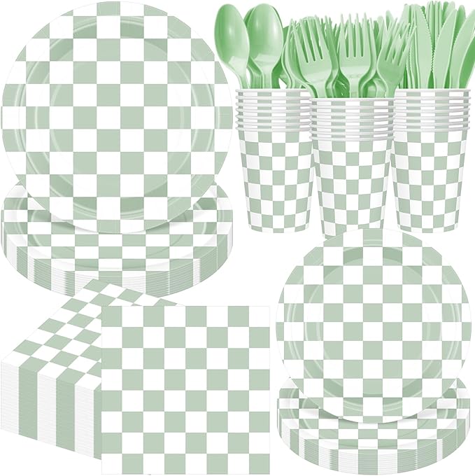 Pickmesh 400 Pcs Sage Green and White Checkered Party Decorations Set Light Green Gingham Disposable Paper Plates Napkins Cups Cutlery Plaid Party Decorations for Baby Shower Wedding Birthday Serve 50