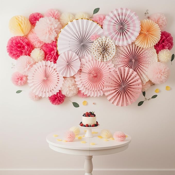 PapaKit Deluxe Origami Large Wall Decoration Set (Assorted Paper Fans & Pom-poms) Birthday Party Baby Shower Wedding Event Decor | Creative Art Design (Sparking Pink Rose Blush, Deluxe 26 Piece Set)