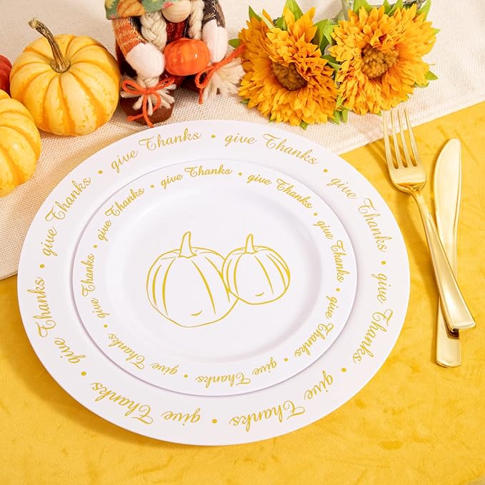 supernal 60pcs Thanksgiving Plastic Plates,Thanksgiving Plates with Gold Pumpkin Design, Fall Party Plate Bulk Include 7.5" Dessert Plate,10.25" Disposable Dinner Plato for Friendgiving Party
