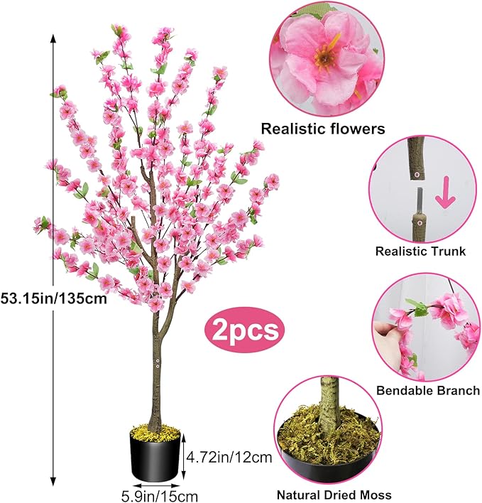 HUAESIN 4.4Ft 2 Pack Tall Cherry Blossom Artificial Tree, Fake Tree Faux Silk Plant with Plastic Nursery Pot, Artificial Plants for Home Office Indoor Decor