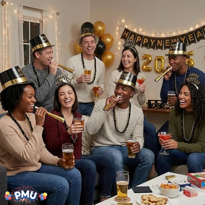 PMU New Year's Eve Party Supplies New Year's Eve Decorations Supplies, 2026 Gold Legend Illusion Party Kit Assortment for 25 Persons - Outfits for Adults, Men and Women (25/psn) Pkg/1