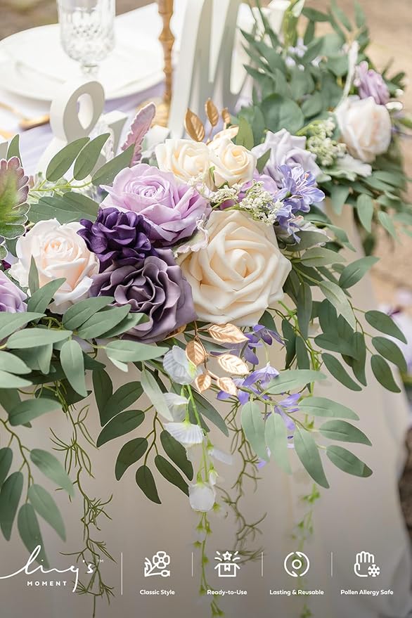 Ling's moment 9FT Flower Garland for Backdrop Decorations - Wedding Arch Flowers, Eucalyptus & Rose, Artificial Floral Garland for Mantel - Sweetheart Table Decor for Ceremony Reception, Lilac & Gold