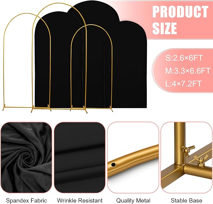 Metal Arch Stand with Spandex Covers, Set of 3, Wedding Party Decorations (Black, 7.2FT 6.6FT 6FT)