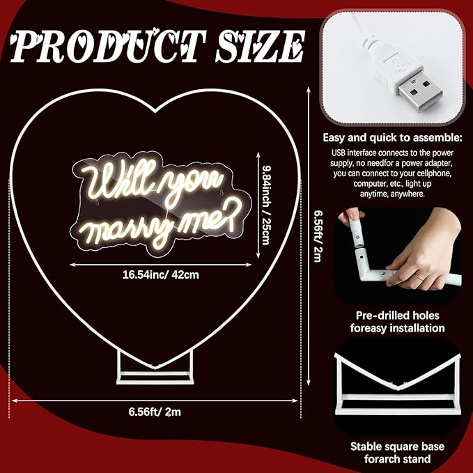 Breling 6.6ft Large Metal Heart Arch Stand and Will You Marry Me LED Neon Light Sign Backdrop for Outdoor Proposal Wedding Engagement Bridal Valentine and Birthday Party Decor (Red)