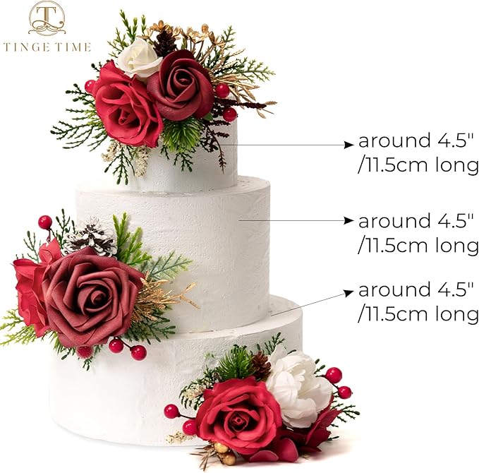 TINGE TIME 3Pcs Pre-made Cake Toppers，Wedding Artificial Flowers Decor, Cake Decorations for Weddings, Birthdays, Party,Baby Shower,Celebration(Burgundy)