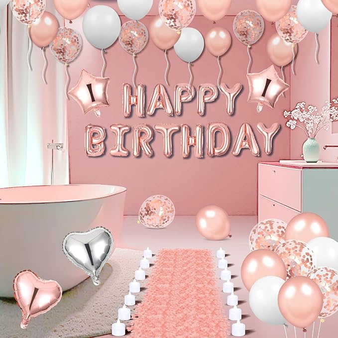 Pink Birthday Balloons Decorations Rose Gold Birthday Balloon Letters Banner with 6 Pcs Star Balloons Pink Artificial Rose Petals 24 Flameless LED Candles for Room Bday Party Decorations Supplies