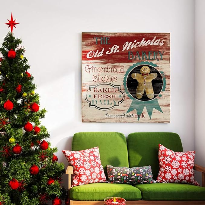 Renditions Gallery Old St. Nicholas Bakery Wall Art, Cute Christmas & Winter Decor, Vintage Faux Wood Look, Festive, Premium Gallery Wrapped Canvas, Ready to Hang, 24 in H x 24 in W, Made in America
