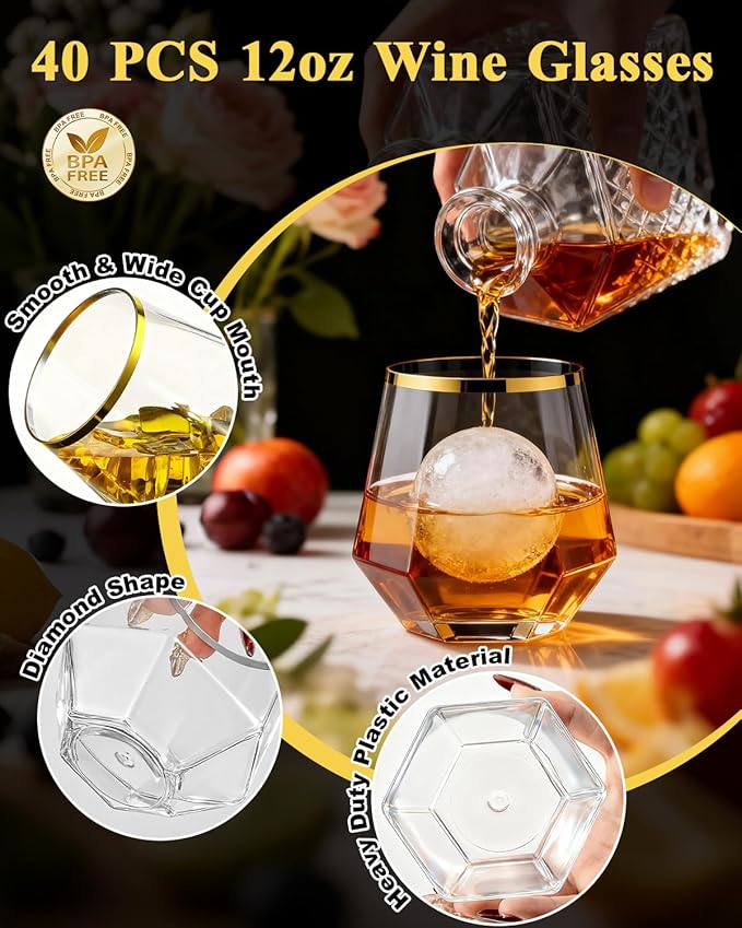 BESTSTAR 40 PCS Clear & Gold Rim 12 Oz Plastic Wine Whiskey Glasses, Diamond Stemless Unbreakable Disposable Wine Glasses for Party, Ideal for Beach Holidays,Halloween, Christmas, Weddings,Daily Use