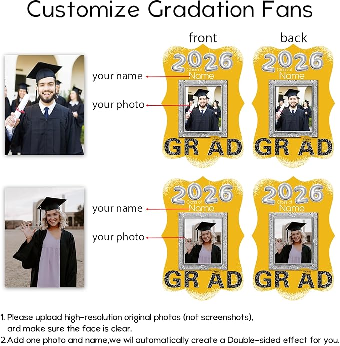 Personalized Graduation Double Sided Face Fan Class of 2026 Customized Graduation Head Face Cutout with Handle Fun Photo Prop Supplies(A-Gold and Black,24pcs)