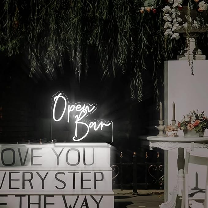 Open Bar Neon Sign Tabletop, Handmade White Wedding LED Neon Light with Stand for Wedding Reception, Engagement Anniversary Event Party Baby Bridal Shower Champagne Home Bar Table Sign - 15''