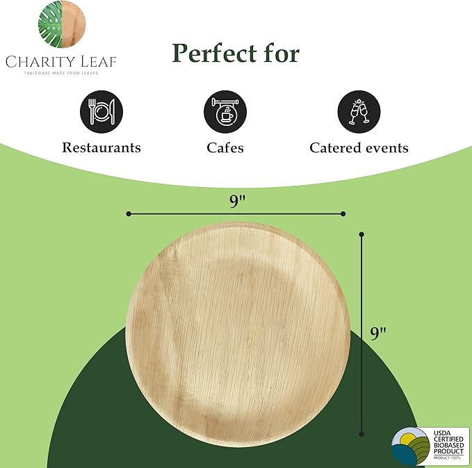 Charity Leaf Disposable Palm Leaf 9" Round Plates (50 pieces) Bamboo Like Serving Platters, Disposable Boards, Eco-Friendly Dinnerware For Weddings, Catering, Events