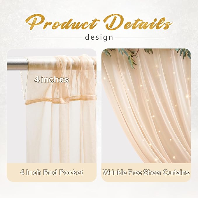 30x8ft Champagne Tulle Backdrop Curtain with Lights String for Parites, Sheer Photo Backdrop Curtains with Lights for Wedding Backdrop Ceremony Reception Bridal Shower Baby Shower Birthday Party