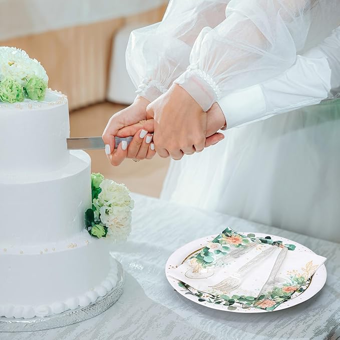 400 Pcs Sage Green Color Party Supplies Serve 50 Guests Eucalyptus Flowers Disposable Paper Plates Napkins and Cups for Bridal Baby Shower Birthday Wedding Party Decorations(Elegant)