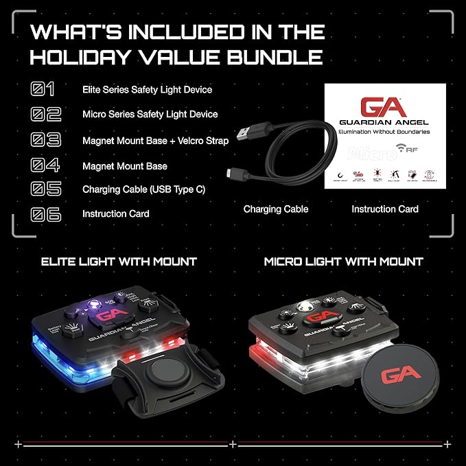 Guardian Angel Safety Light Value Bundle (2 Pack): Elite (Red/Blue/White Front, Red/Blue Rear + IR) + Micro (White Front, R Rear) – Hands-Free LED Flashlights for Law Enforcement and Recreational Use
