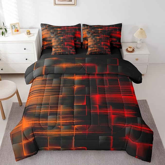 Feelyou Red and Orange Comforter Set with Sheets 7 Piece Full Size Kids Geometric Bed in a BagStrip Lines Bedding Set Abstract Art Bed Set with Comforter, Sheets,Pillowcases,Cushion Covers