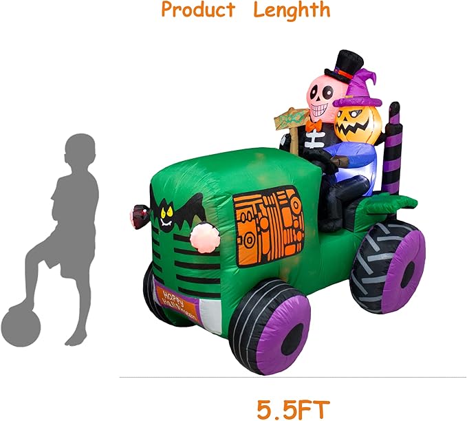 5.5Ft Long Halloween Inflatable Ghost Tractor Decoration with LED Lights Halloween Blow up Car Outdoor Indoor Holiday Decorations Yard Decor Giant Lawn Inflatable Garden Party Decoration