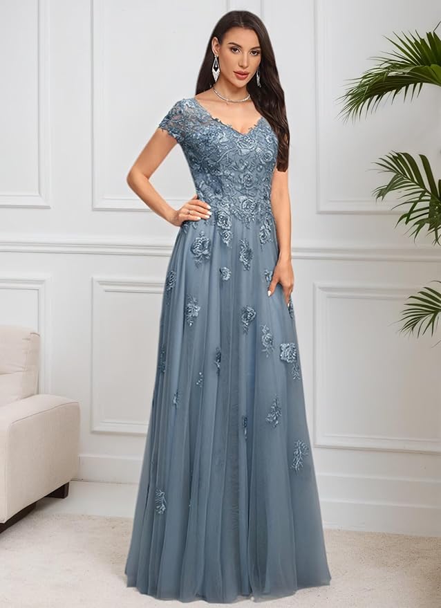 Mother of The Bride Dresses Sleeve Laces Applique V Neck Evening Gowns Cap Sleeves Grandmother of The Groom Dress