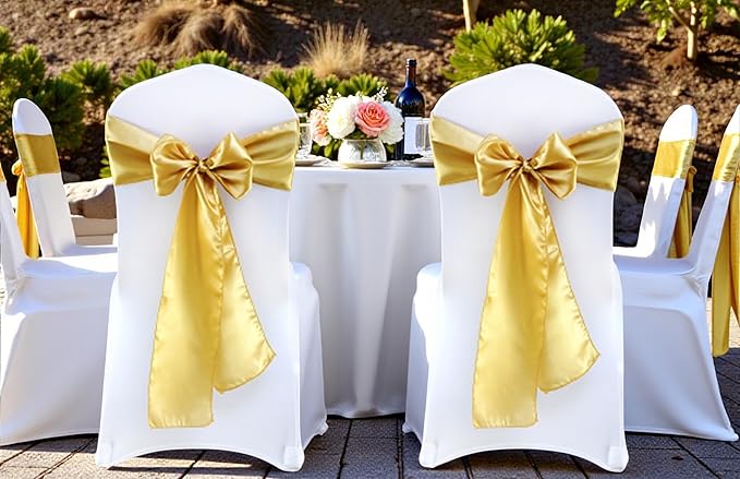 VDS Satin Chair Sashes Chair Cover Back Tie Sateen Bows Ribbon for Wedding Birthday Graduation Engagement Ceremony Event Party Banquet Venue Hotel All Dining Chair Decoration (50PC) (Gold)