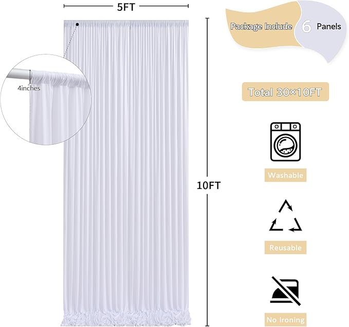 30 ft x 10 ft Wrinkle Free White Backdrop Curtain for Wedding Parties, Polyester Photo Backdrop Drapes for Baby Shower Birthday Party Backdrop Stand, Bulk Thick Background Curtains, 5x10FT 6 Panels