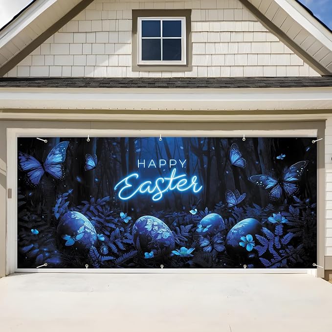 Happy Easter Glowing Banner 7x16FT, Neon Happy Easter Design with Blue Butterflies and Easter Eggs, Spring Holiday Decoration for Yard and Garage