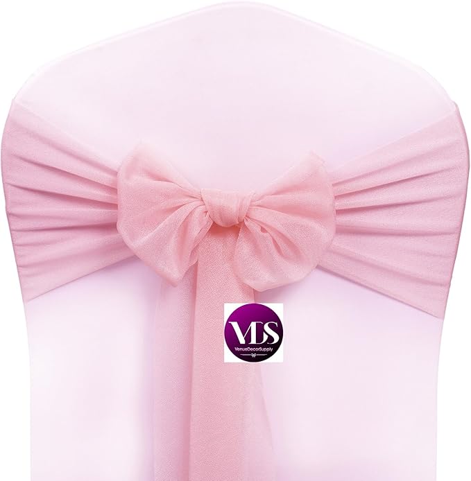 VDS Pack of 75, Blush Pink, Sheer Chiffon Chair Sashes Bows Chair Cover Back Tie Ribbon for Wedding Birthday Baby Shower Engagement Ceremony Event Party Banquet Restaurant Dining Chair Decoration