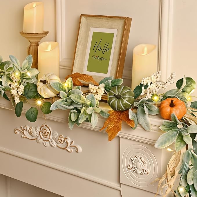 Fall Decor,Fall Garland for Mantel, 6 FT Fall Garland with Light, Lighted Autumn Garlands with Faux Lamb's Ear & Pumpkins, Thanksgiving Table Centerpiece, Fall Decorations for Home Porch Fireplace