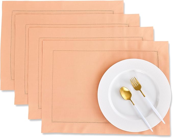 Solino Home Cotton Linen Placemats Set of 4 - Hemstitch Peach Bloom Placemats 14 x 19 Inch - Machine Washable Table Mats for Valentines, Spring, Easter