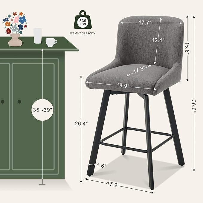 Swivel Bar Stools Set of 6, 26''H Upholstered Barstools with Backs, Modern Counter Height Bar Stool Chairs for Kitchen Island, Metal Legs, Fabric, Gray Counter Stools
