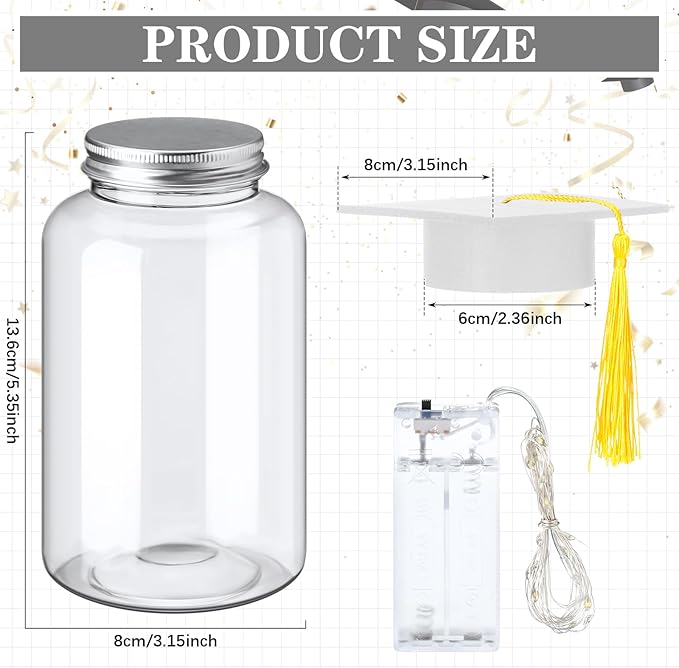 Boao 16 Sets Graduation Table Decoration Set with LED Light up Graduation Decorations for Class of 2026, Grad Jar, Felt Grad Hat and Stickers for High School College(White)