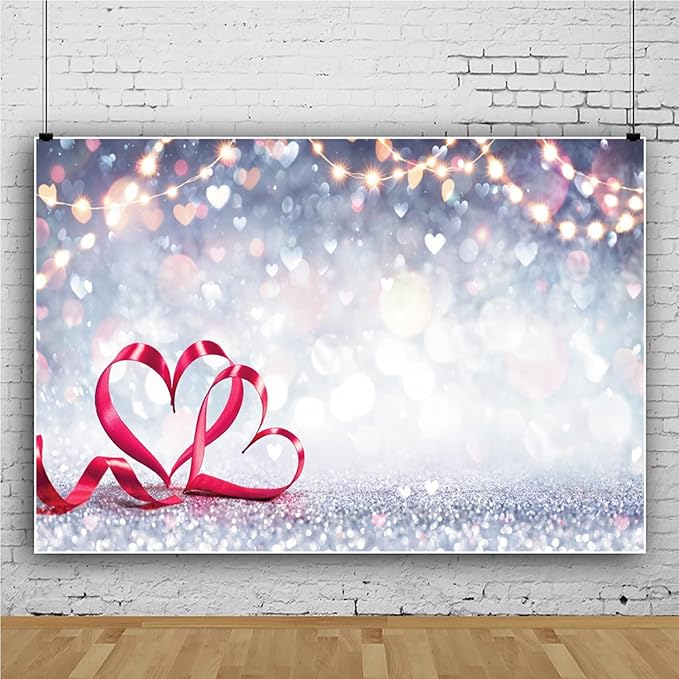 Laeacco 9x6ft Valentine's Day Backdrops Glitter Lights Red Ribbons Love Heart Bokeh Photography Background Wedding Anniversary Bridal Shower Party Decoration Supplies Banner Studio Photo Props