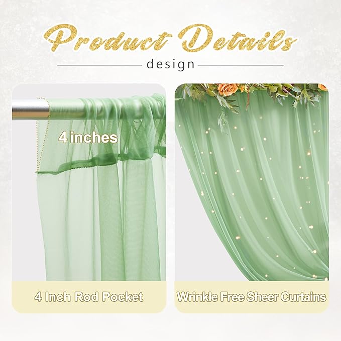 30x10ft Olive Green Tulle Backdrop Curtain with Lights String for Parites, Sheer Photo Backdrop Curtains with Lights for Wedding Backdrop Ceremony Reception Bridal Shower Baby Shower Birthday Party