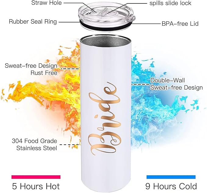 10 Pack Bride to Be Skinny Tumbler | 20 oz Bride Tribe Stainless Steel Wine Tumblers | Engagement Wedding Gifts Bridesmaids Mugs Bachelorette Party Supplies & Games