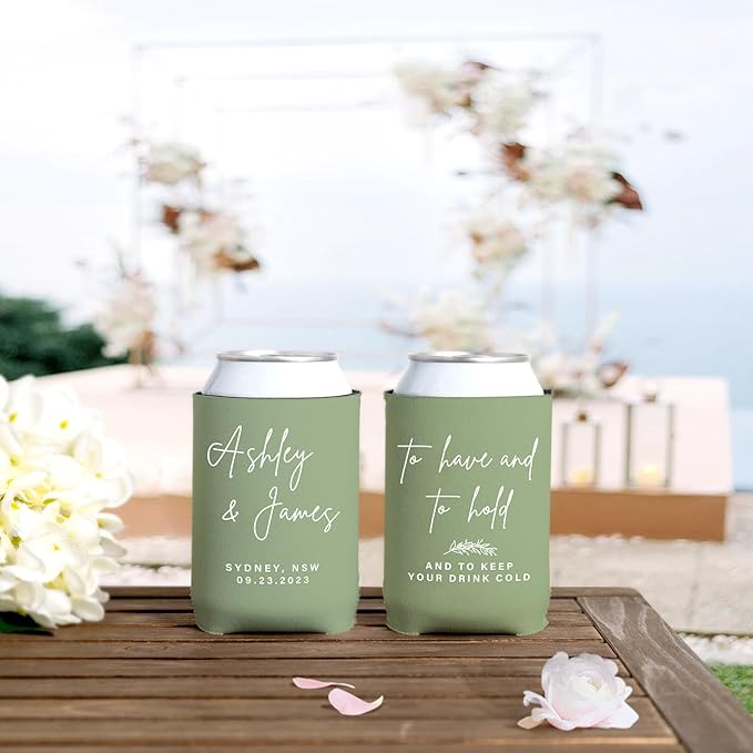 Personalized Can Sleeves for Wedding & Party Favors – Custom Drink Holders for Anniversary, Engagement, Bridal Showers – Bulk Gifts for Guests, Fits 12-16oz Cans & Bottles (50, Standard)