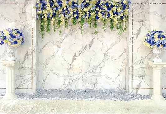 Baocicco 12x8ft Vinyl Luxury Wall Backdrop Photography Vintage Marble Texture Blue Floral European Style Gorgeous Church Background Birthday Wedding Party Decorations Bridal Shower Women Girls Props