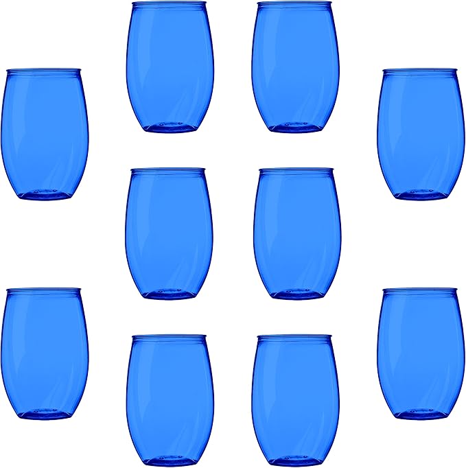 Plastic Stemless Wine Glasses 16 oz. Set of 10, Bulk Pack - BPA Free, Great for Outdoor Lounges, Poolside, Parties and Other Events - Blue