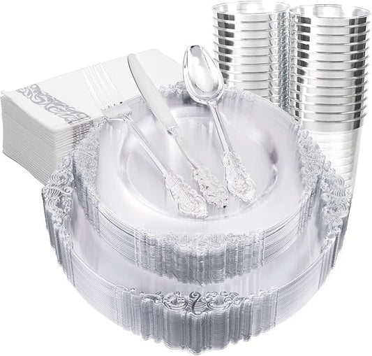 FLOWERCAT 175PCS Clear Silver Plastic Plates -Include 50 Plates, 25 Cups, 25 Forks, 25 Knives, 25 Spoons, 25Napkins for Wedding & Party&New Year