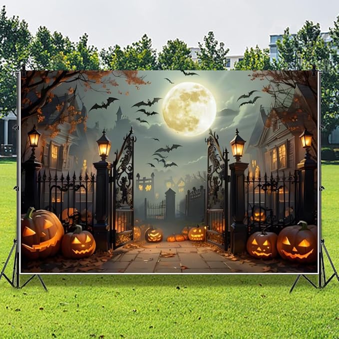Leowefowa 10x8ft Halloween Backdrop Scary Full Moon Night Pumpkin Lantern Background Horror Bat Dead Tree Fall Leave Halloween Eve Party Banner Decor Photography Supplies Prop