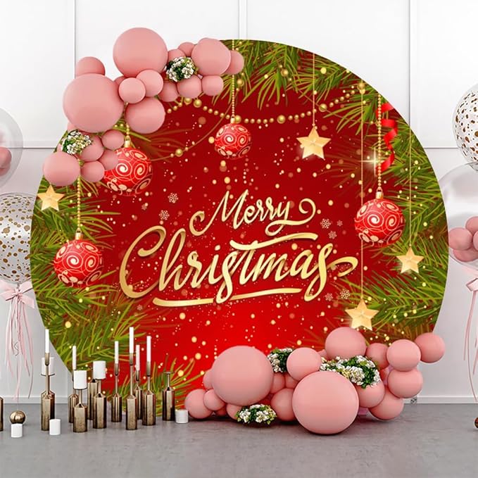YongFoto Merry Christmas Round Backdrop Cover 6ft Snowflakes Gold Red Background Xmas Eve Happy New Year New Year's Night Festival Carnival Family Celebration Party Banquet Decor Banner