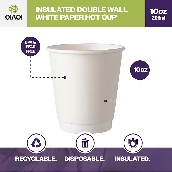 CIAO! 10 oz Insulated Double Wall White Paper Hot Cup, 90mm Diameter, 500 Count
